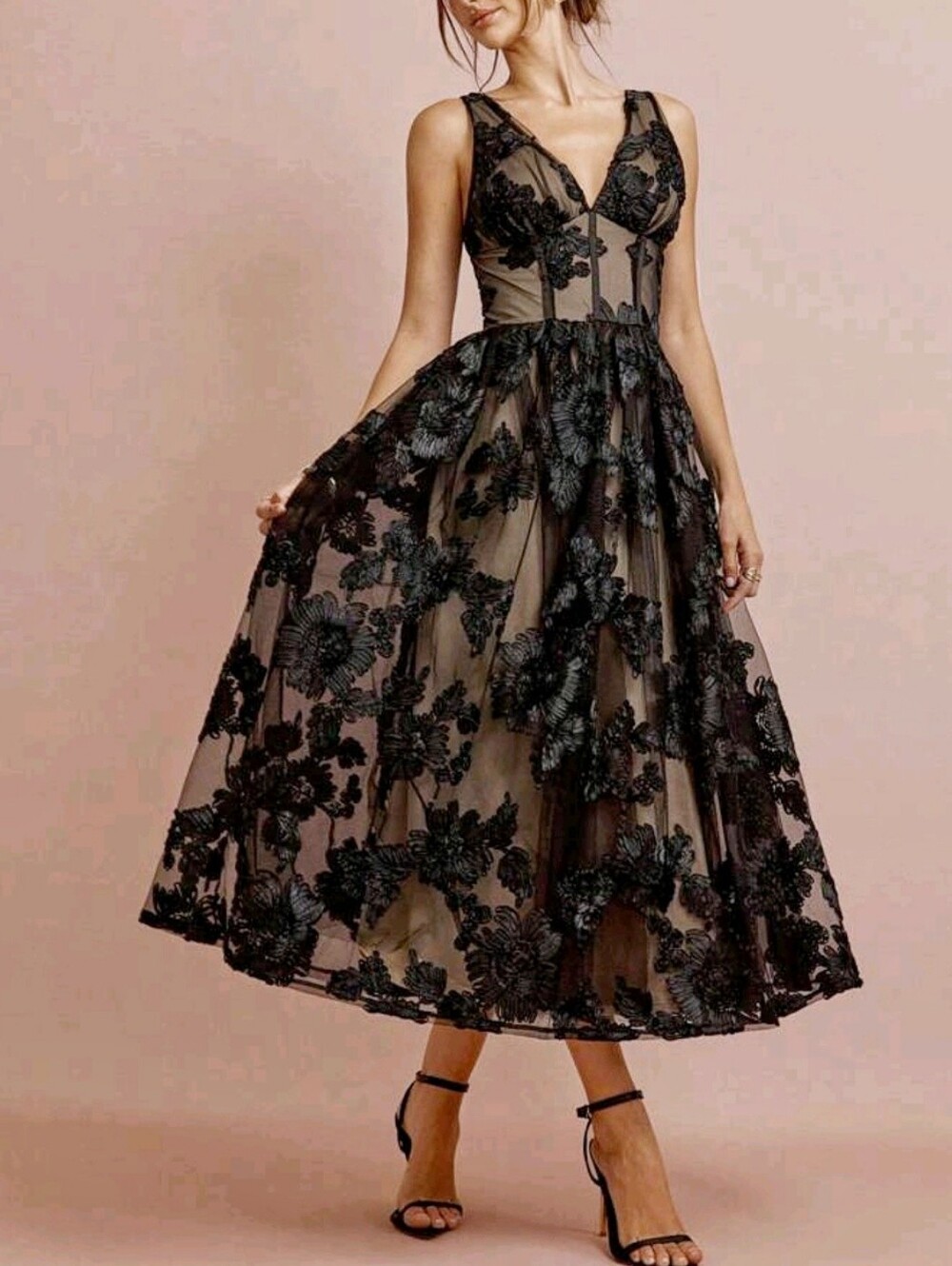 New Luxe Floral Embroidered Applique Full Midi Dress Black Sleeveless - Picture 5 of 14